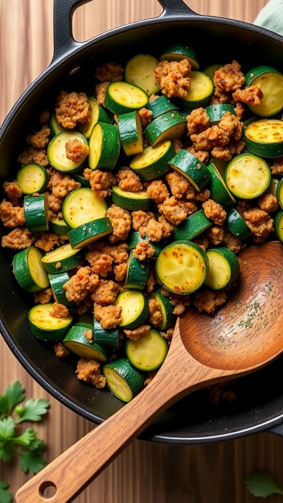 A skillet with zucchini and Italian sausage, garnished with herbs, on a wooden table.